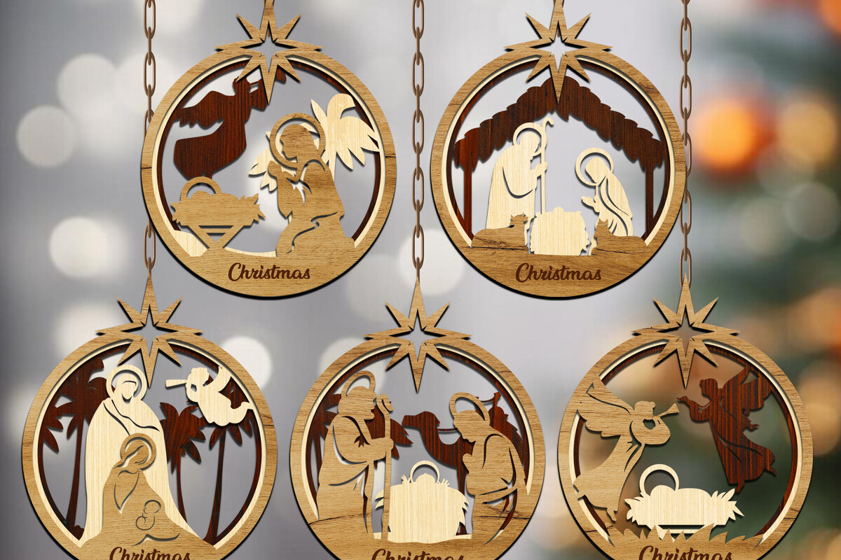 Σετ των 3 Intra απο ξύλο plywood 3mm-4mm πάχος Χριστουγεννιάτικα στολίδια 5 τεμαχίων Δίασταση 8x8 cm INTRAFABR-108828246