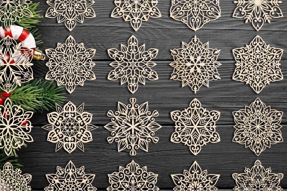 Σετ των 3 Intra απο ξύλο plywood 3mm-4mm πάχος Χριστουγεννιάτικα στολίδια νιφάδας χιονιού 105 Δίασταση 8x8 cm INTRAFABR-78697206