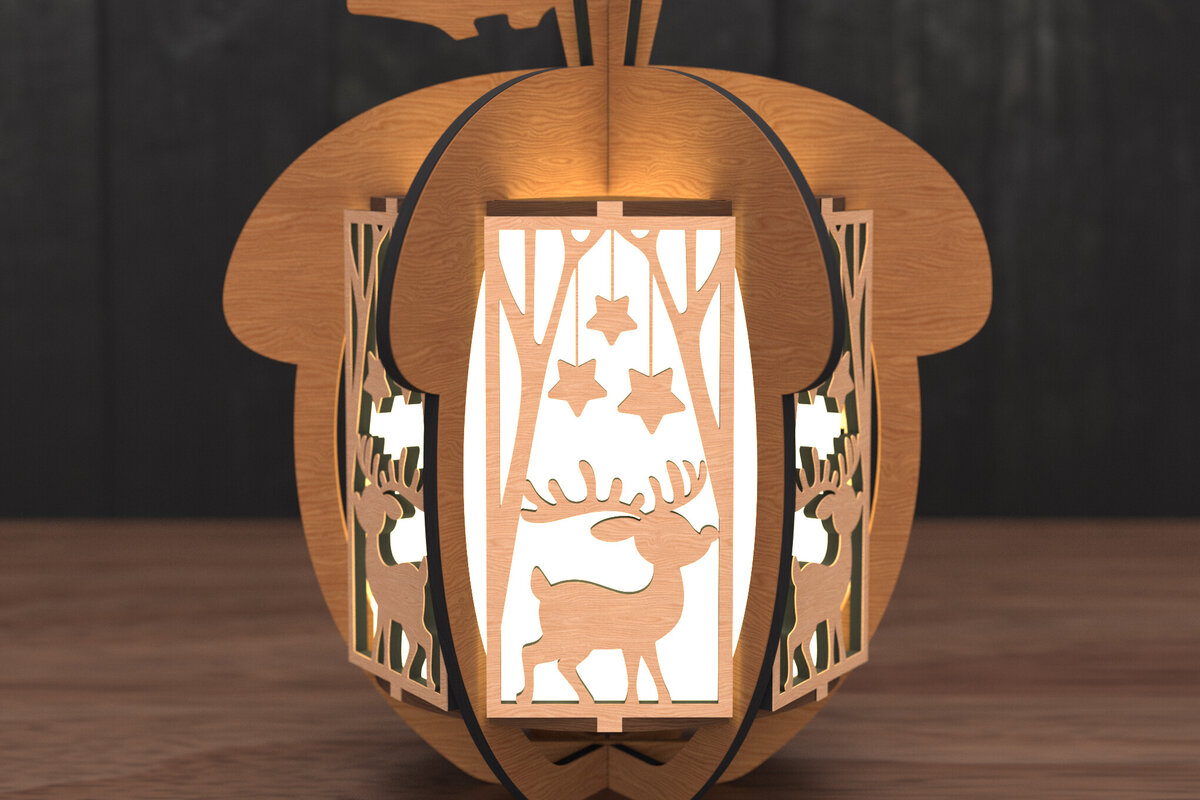Intra απο ξύλο plywood 3mm-4mm πάχος Χριστουγεννιάτικο φανάρι από κουκουνάρι με τάρανδο Δίασταση 30x20 cm INTRAFABR-109048394