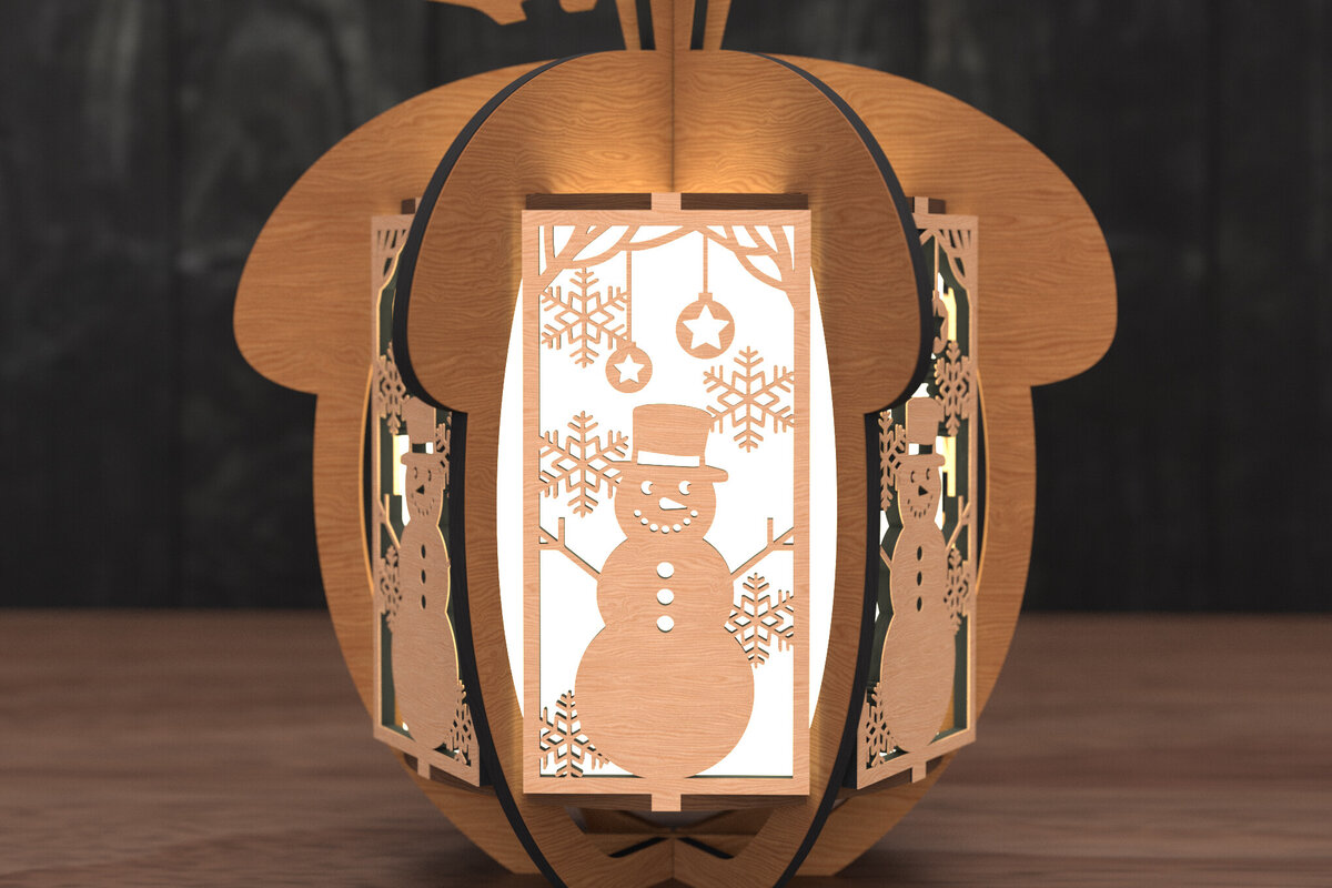 Intra απο ξύλο plywood 3mm-4mm πάχος Χριστουγεννιάτικο φανάρι με κουκουνάρι με χιονάνθρωπο Δίασταση 30x20 cm INTRAFABR-109048285