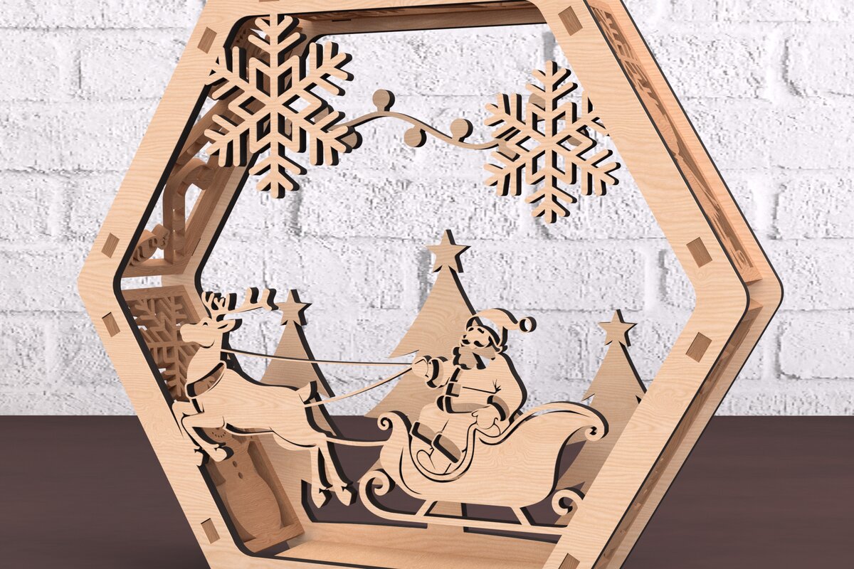 Intra απο ξύλο plywood 3mm-4mm πάχος Χριστουγεννιάτικη διακόσμηση με εξάγωνο έλκηθρο με τάρανδο Δίασταση 30x20 cm INTRAFABR-108492539