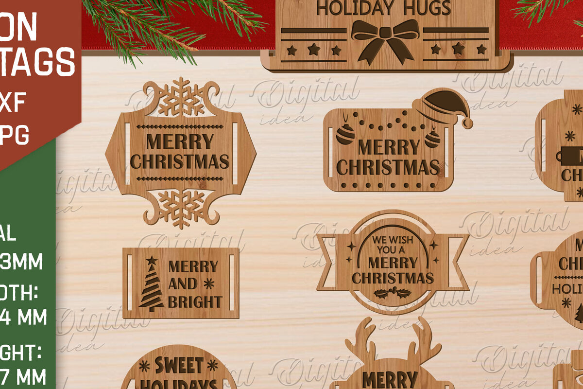 Σετ των 2 Intra απο ξύλο plywood 3mm-4mm πάχος Χριστουγεννιάτικη κορδέλα δώρου Ετικέτες  Δίασταση 15x15 cm INTRAFABR-83505246