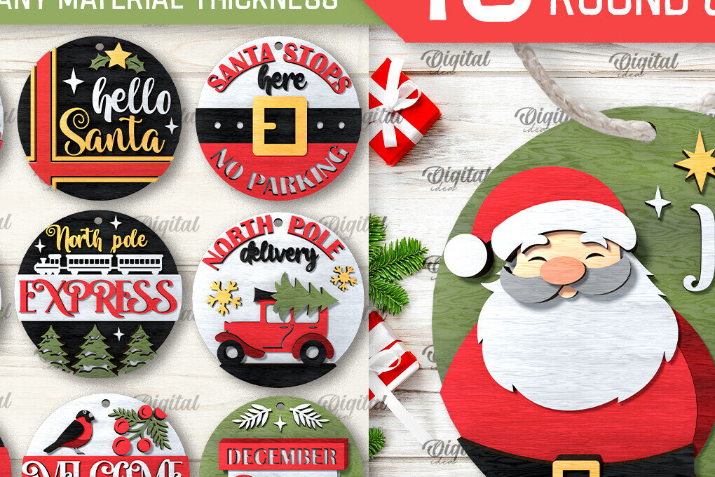 Σετ των 2 Intra απο ξύλο plywood 3mm-4mm πάχος Δέσμη κοπής με λέιζερ Χριστουγεννιάτικη στρογγυλή πινακίδα Δίασταση 15x15 cm INTRAFABR-105630341