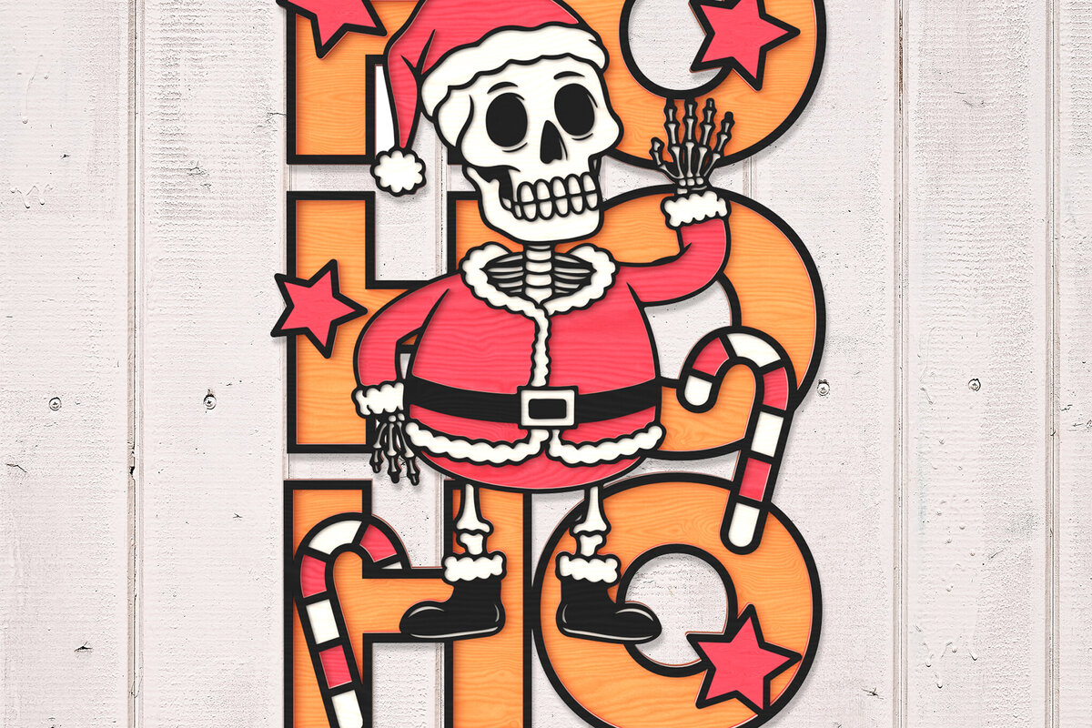 Intra απο ξύλο plywood 3mm-4mm πάχος Σήμα HOHOHO με χριστουγεννιάτικο σκελετό Άγιου Βασίλη Δίασταση 30x20 cm INTRAFABR-106853514