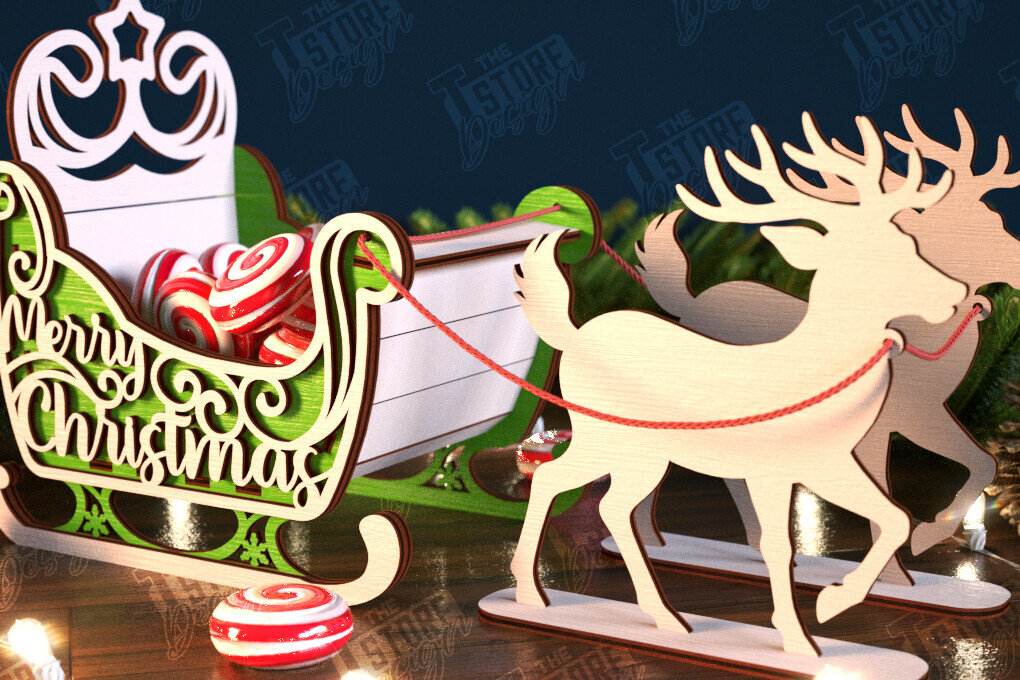 Σετ των 3 Intra απο ξύλο plywood 3mm-4mm πάχος Χριστουγεννιάτικο έλκηθρο Άγιου Βασίλη | Έλκηθρο ταράνδων Δίασταση 15x15 cm INTRAFABR-106858652