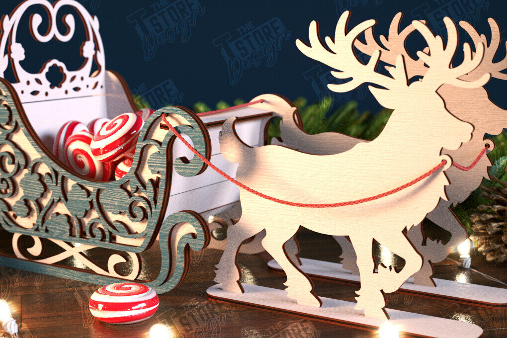 Σετ των 2 Intra απο ξύλο plywood 3mm-4mm πάχος Χριστουγεννιάτικο έλκηθρο Άγιου Βασίλη | Έλκηθρο ταράνδων Δίασταση 15x15 cm INTRAFABR-106858668