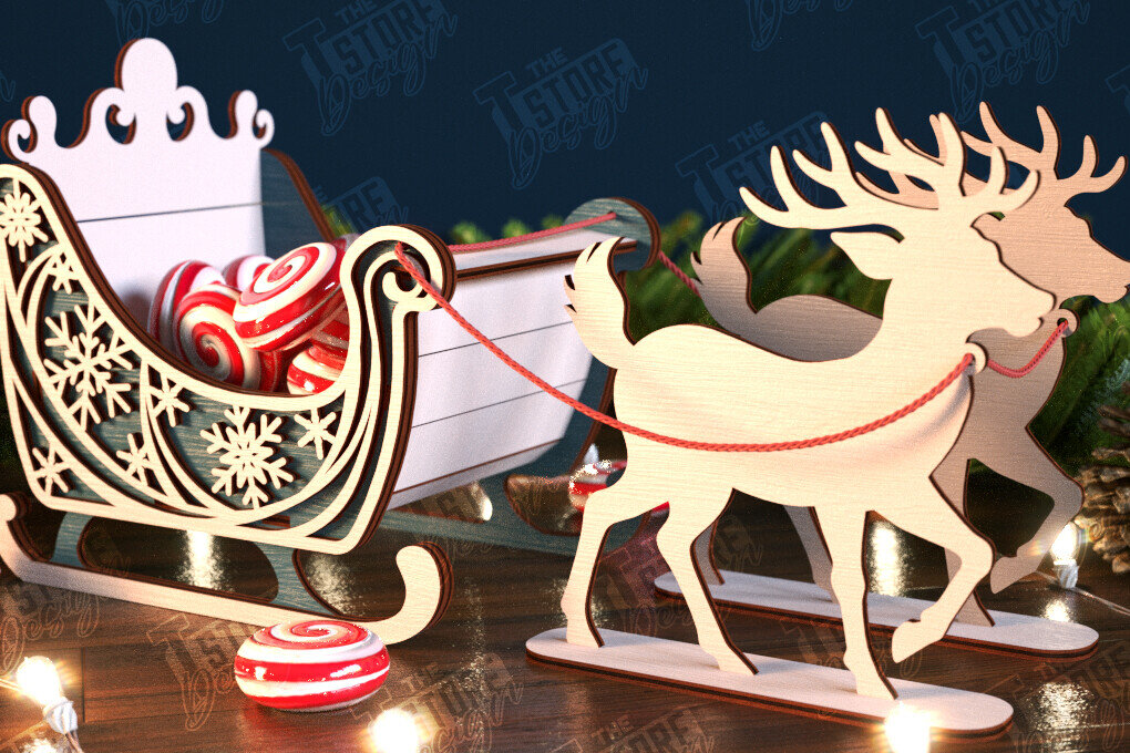 Σετ των 3 Intra απο ξύλο plywood 3mm-4mm πάχος Χριστουγεννιάτικο έλκηθρο Άγιου Βασίλη | Έλκηθρο ταράνδων Δίασταση 15x15 cm INTRAFABR-106858498