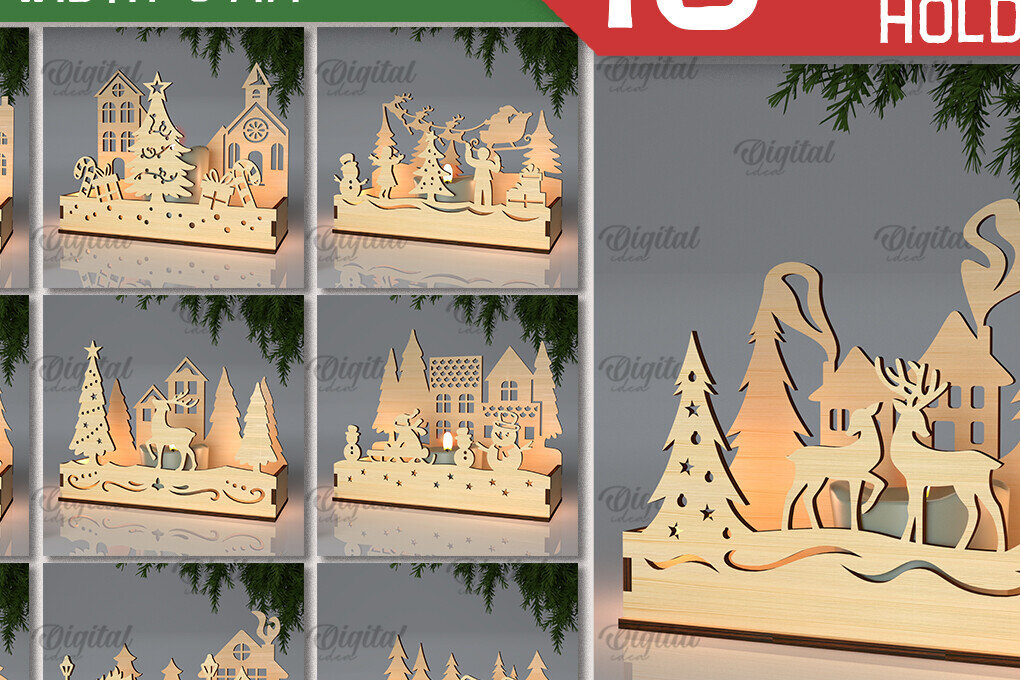 Σετ των 2 Intra απο ξύλο plywood 3mm-4mm πάχος Χριστουγεννιάτικη Σκηνή Κηροπήγια Δίασταση 15x15 cm INTRAFABR-105629867