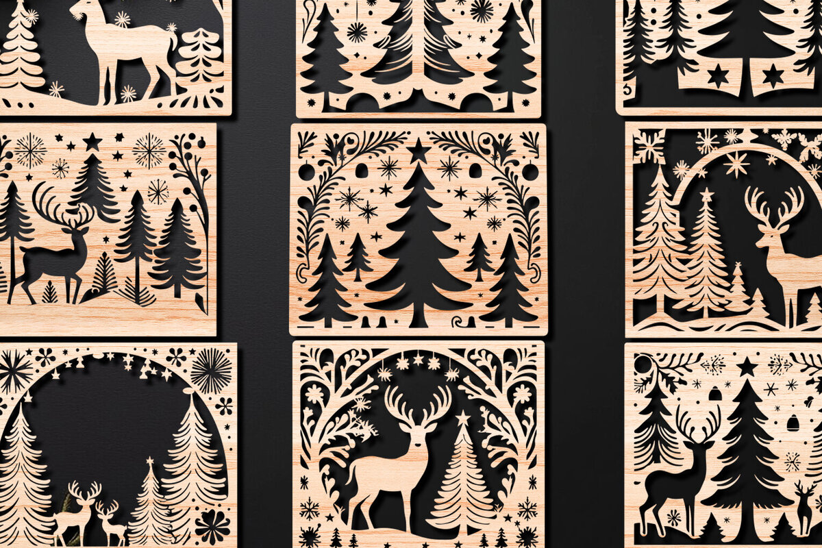 Σετ των 2 Intra απο ξύλο plywood 3mm-4mm πάχος Πάνελ κοπής με λέιζερ Χριστουγεννιάτικη σκηνή 05 Δίασταση 15x15 cm INTRAFABR-109445675