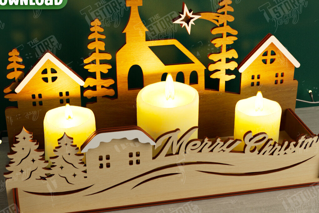 Σετ των 2 Intra απο ξύλο plywood 3mm-4mm πάχος Χριστουγεννιάτικη Σκηνή Σκιάς | Κηροπήγιο Δίασταση 15x15 cm INTRAFABR-107822813