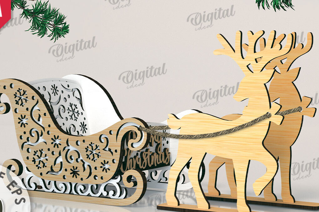 Σετ των 2 Intra απο ξύλο plywood 3mm-4mm πάχος Χριστουγεννιάτικο έλκηθρο με τάρανδος Δίασταση 15x15 cm INTRAFABR-109503692