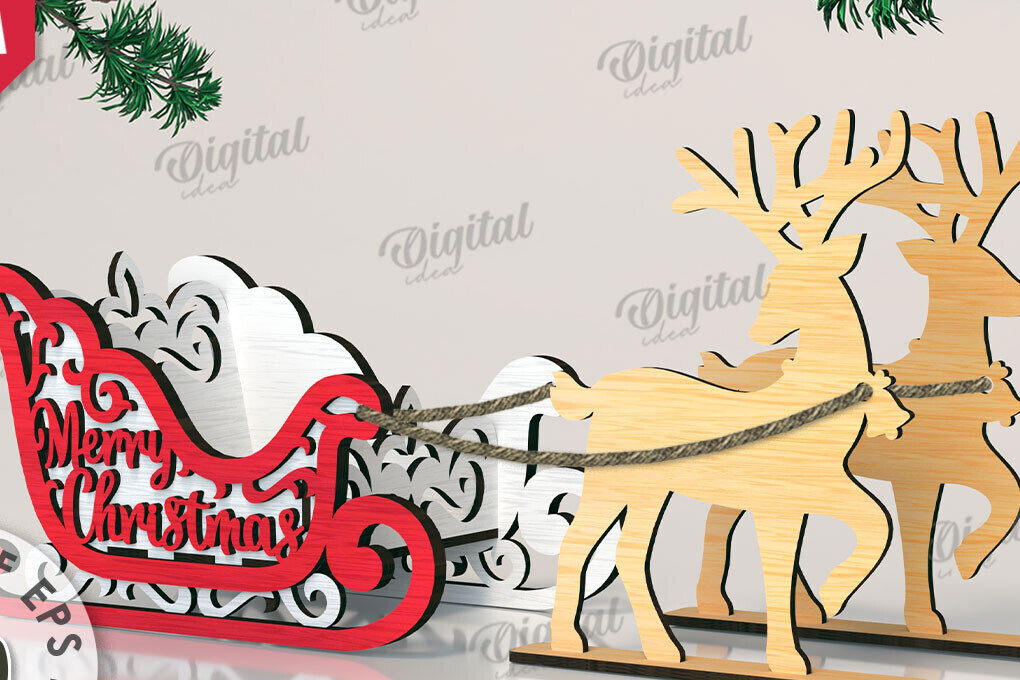 Σετ των 3 Intra απο ξύλο plywood 3mm-4mm πάχος Χριστουγεννιάτικο έλκηθρο με τάρανδος Δίασταση 15x15 cm INTRAFABR-109503742