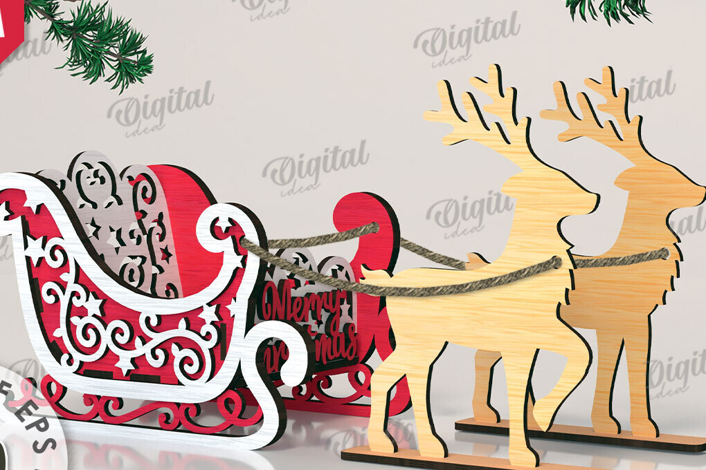 Σετ των 2 Intra απο ξύλο plywood 3mm-4mm πάχος Χριστουγεννιάτικο έλκηθρο με τάρανδος Δίασταση 15x15 cm INTRAFABR-109503778