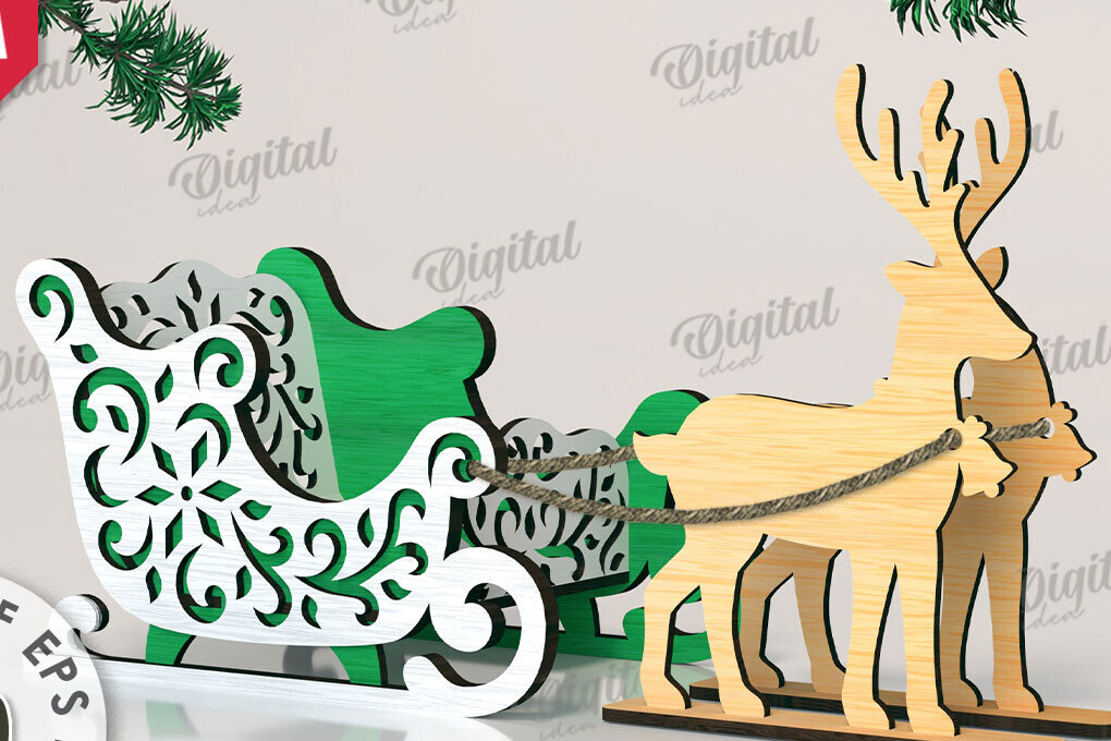 Σετ των 2 Intra απο ξύλο plywood 3mm-4mm πάχος Χριστουγεννιάτικο έλκηθρο με τάρανδος Δίασταση 15x15 cm INTRAFABR-109503808