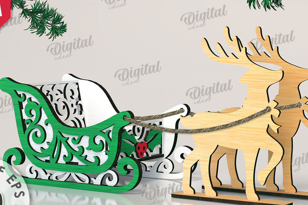 Σετ των 2 Intra απο ξύλο plywood 3mm-4mm πάχος Χριστουγεννιάτικο έλκηθρο με τάρανδος Δίασταση 15x15 cm INTRAFABR-109503613