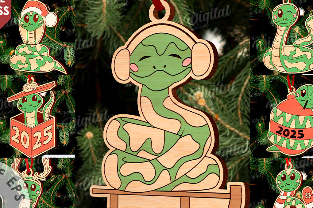 Σετ των 2 Intra απο ξύλο plywood 3mm-4mm πάχος Δέσμη κοπής με λέιζερ Χριστουγεννιάτικα φίδια Δίασταση 15x15 cm INTRAFABR-108902293