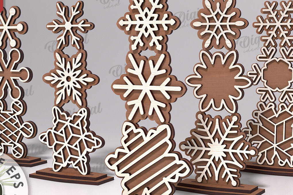 Σετ των 2 Intra απο ξύλο plywood 3mm-4mm πάχος κοπής με λέιζερ Χριστουγεννιάτικων νιφάδων χιονιού Δίασταση 15x15 cm INTRAFABR-108452857