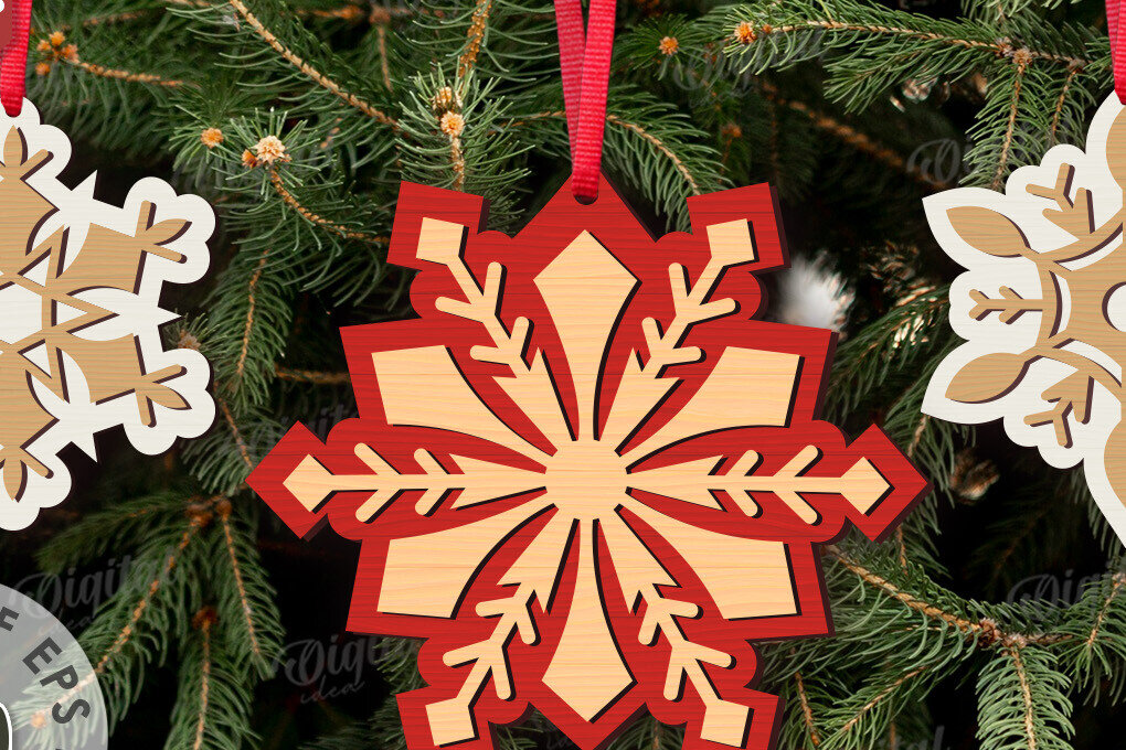 Σετ των 3 Intra απο ξύλο plywood 3mm-4mm πάχος κοπής με λέιζερ Χριστουγεννιάτικες νιφάδες χιονιού Δίασταση 15x15 cm INTRAFABR-109208227