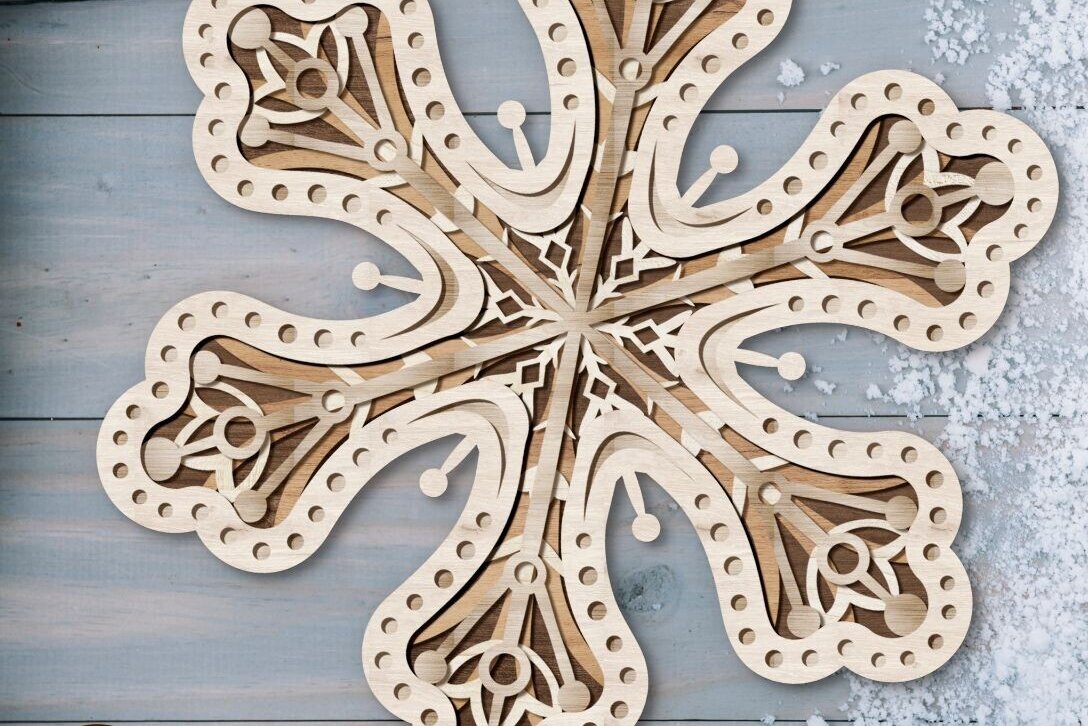 Σετ των 3 Intra απο ξύλο plywood 3mm-4mm πάχος πολλαπλών επιπέδων Χριστουγεννιάτικων νιφάδων χιονιού Δίασταση 4x4 cm INTRAFABR-81131918