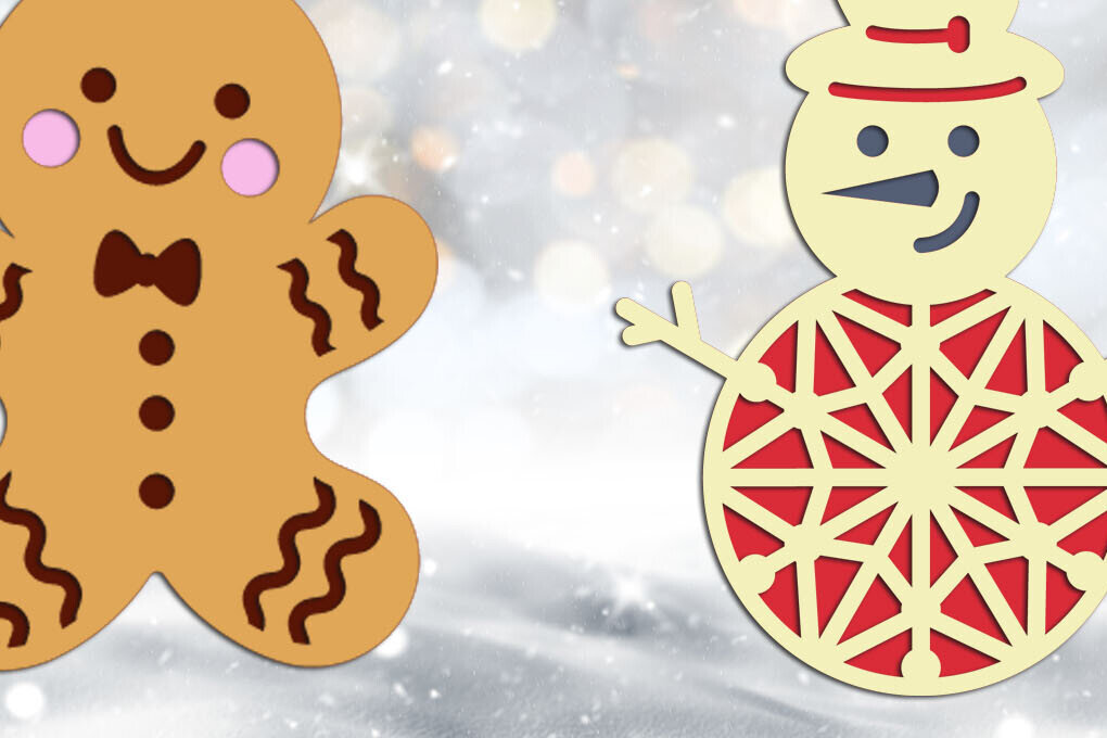 Σετ των 2 Intra απο ξύλο plywood 3mm-4mm πάχος Χριστούγεννα χιονάνθρωπος και μελόψωμο Δίασταση 15x15 cm INTRAFABR-112212486