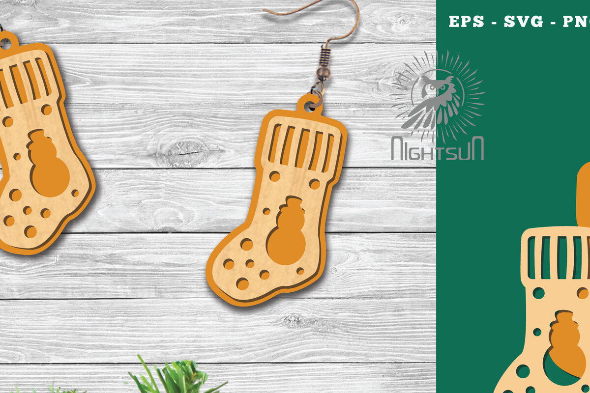 Σετ των 3 Intra απο ξύλο plywood 3mm-4mm πάχος Χριστουγεννιάτικα σκουλαρίκια με λέιζερ κάλτσα 1 Δίασταση 3x3 cm INTRAFABR-112553427