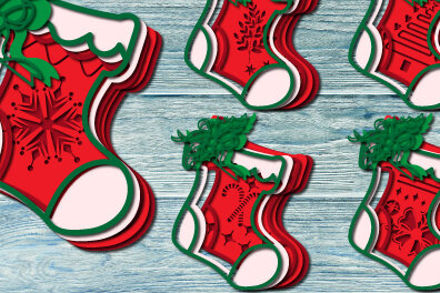 Σετ των 3 Intra απο ξύλο plywood 3mm-4mm πάχος Χριστουγεννιάτικη κάλτσα στολίδι 1128 Δίασταση 8x8 cm INTRAFABR-108695784