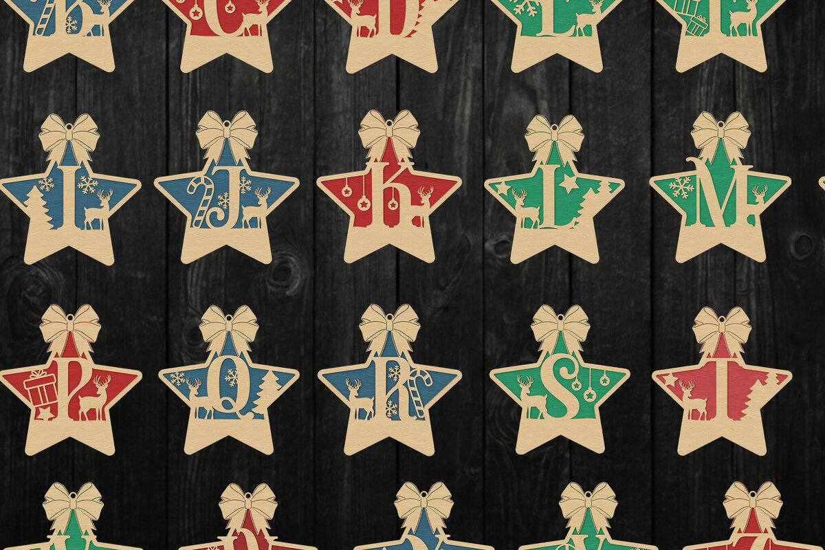 Σετ των 3 Intra απο ξύλο plywood 3mm-4mm πάχος Χριστουγεννιάτικα στολίδια αλφάβητου αστεριών Δίασταση 8x8 cm INTRAFABR-108310350