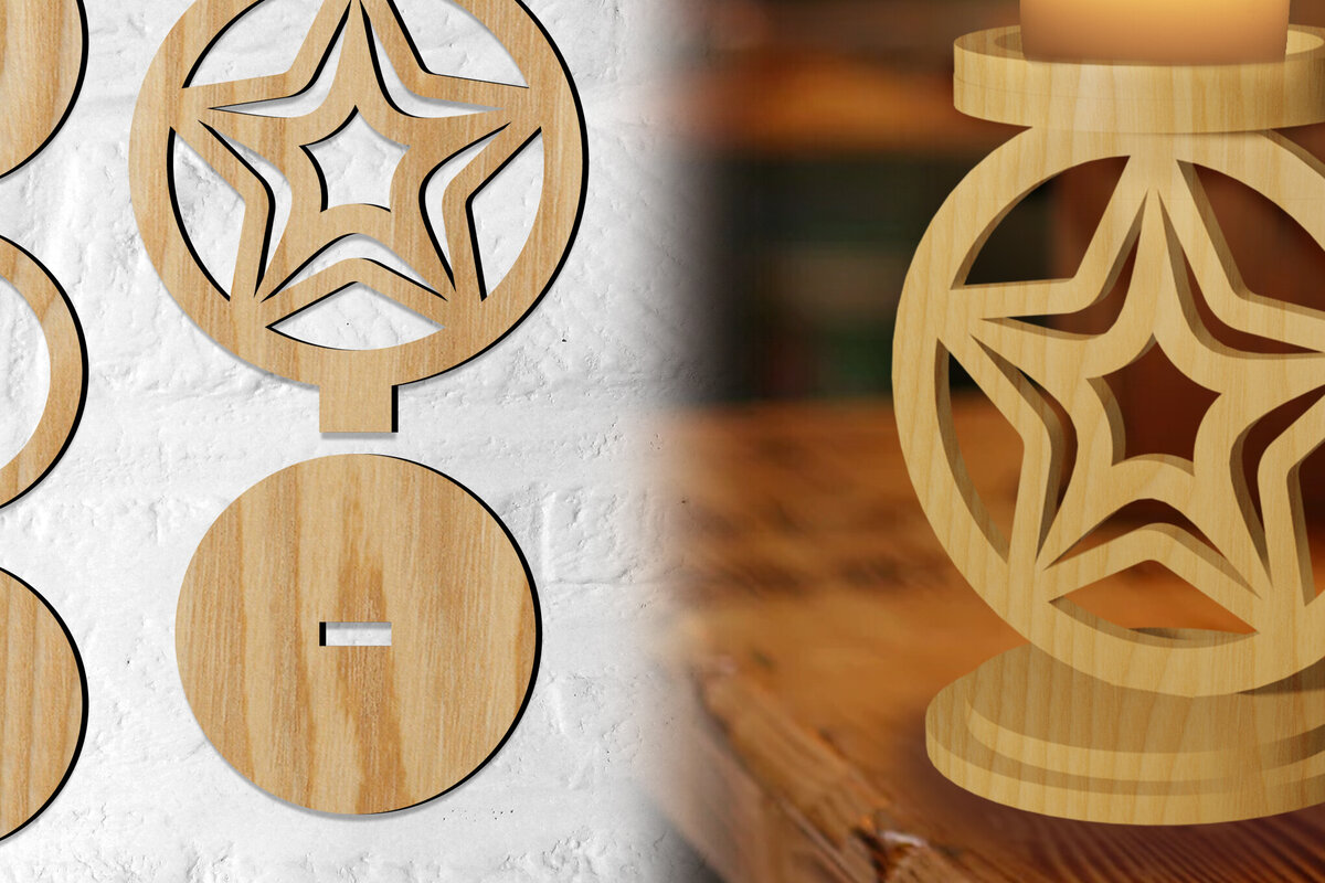 Σετ των 2 Intra απο ξύλο plywood 3mm-4mm πάχος Κηροπήγιο Χριστουγεννιάτικο Αστέρι Δίασταση 15x15 cm INTRAFABR-77069539