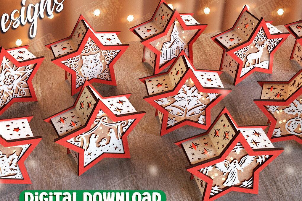 Σετ των 2 Intra απο ξύλο plywood 3mm-4mm πάχος Χριστουγεννιάτικο Αστέρι Φανάρι | CNC Δίασταση 15x15 cm INTRAFABR-106380734