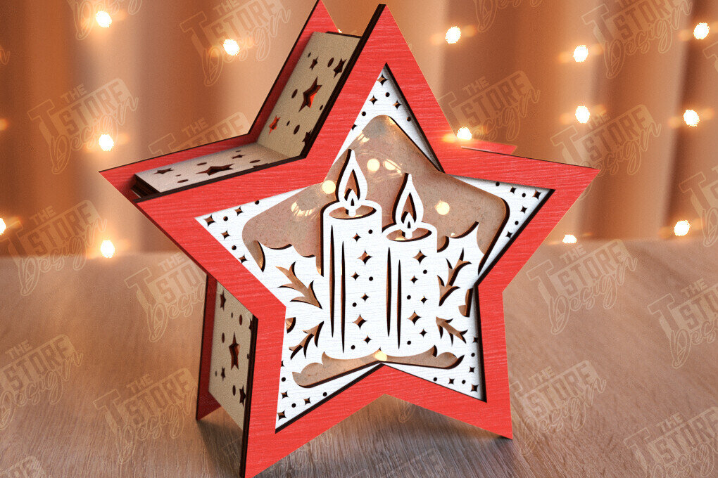 Σετ των 2 Intra απο ξύλο plywood 3mm-4mm πάχος Χριστουγεννιάτικο Αστέρι Φανάρι | Χριστουγεννιάτικη διακόσμηση Δίασταση 15x15 cm INTRAFABR-106380522