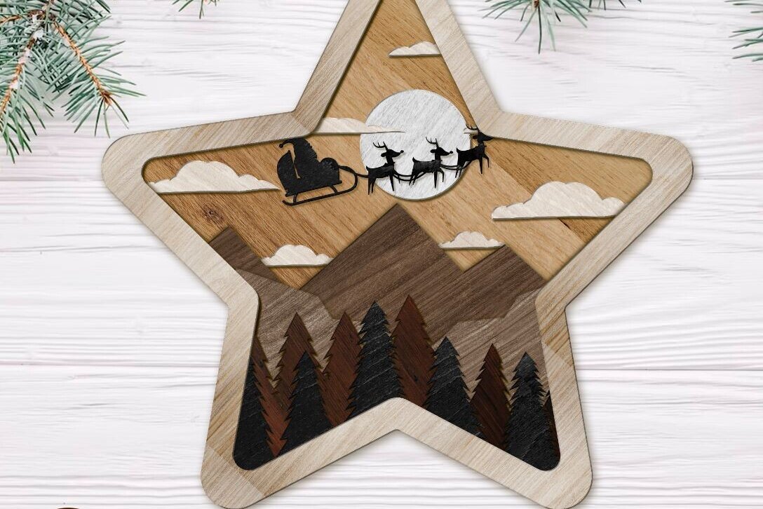 Σετ των 3 Intra απο ξύλο plywood 3mm-4mm πάχος CHRISTMAS STAR Πολυστρωματική διακόσμηση τοίχου Δίασταση 4x4 cm INTRAFABR-80867050