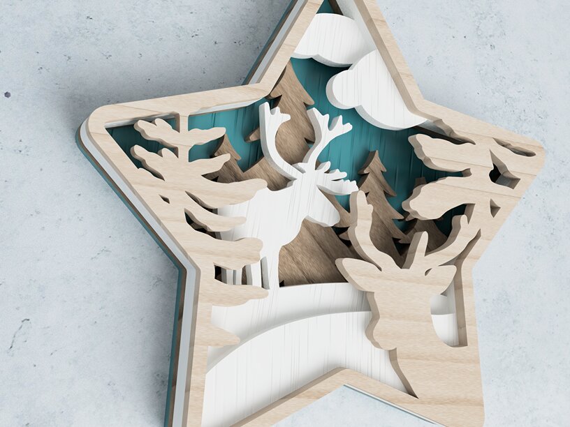 Σετ των 3 Intra απο ξύλο plywood 3mm-4mm πάχος Χριστουγεννιάτικο στολίδι αστεριών 3D Layered Δίασταση 100x100 cm INTRAFABR-49530735