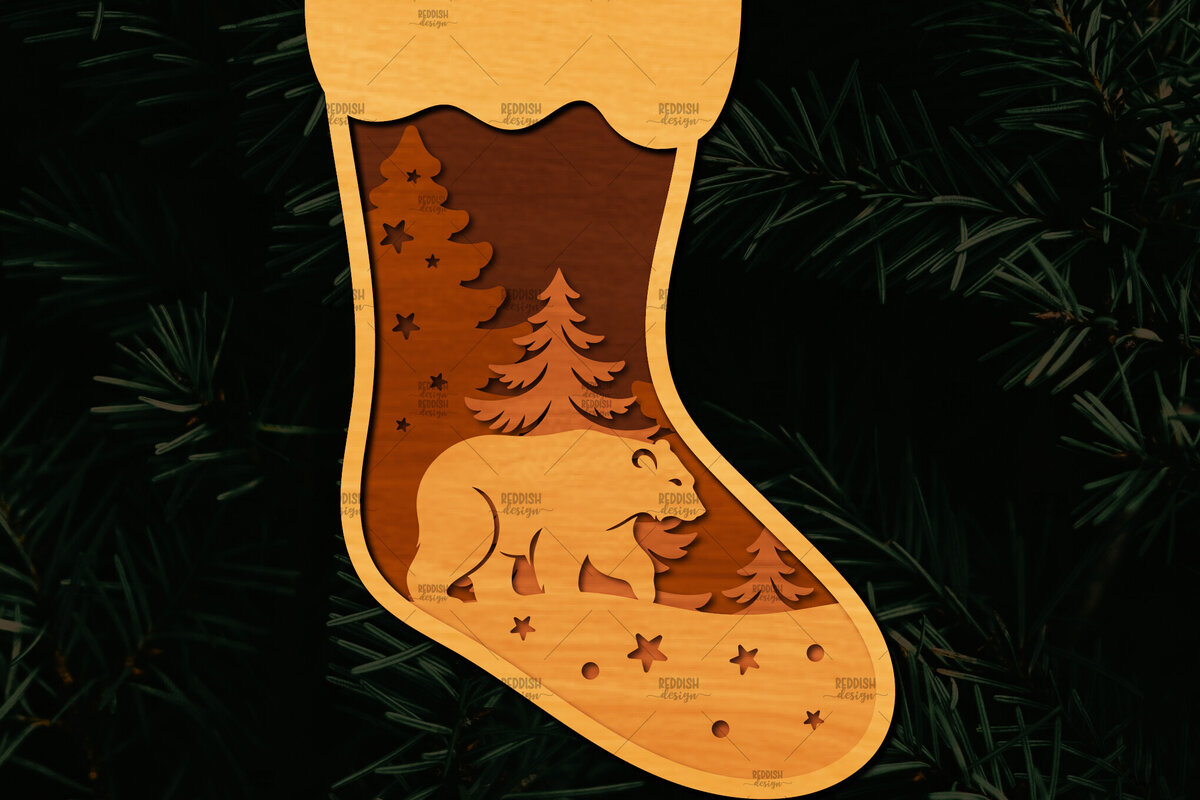 Σετ των 2 Intra απο ξύλο plywood 3mm-4mm πάχος Χριστουγεννιάτικη κάλτσα 3D σχέδιο κοπής με λέιζερ Δίασταση 15x15 cm INTRAFABR-109163947