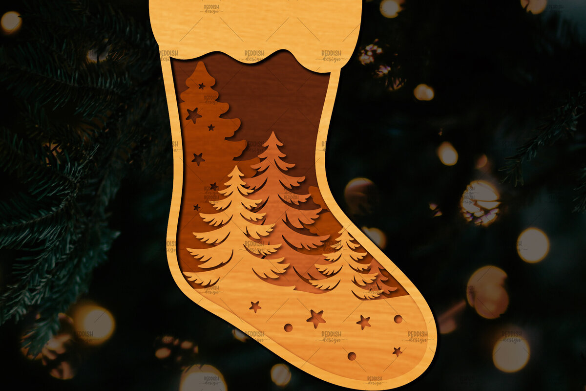 Σετ των 3 Intra απο ξύλο plywood 3mm-4mm πάχος Χριστουγεννιάτικη κάλτσα 3D σχέδιο κοπής με λέιζερ Δίασταση 15x15 cm INTRAFABR-109164046