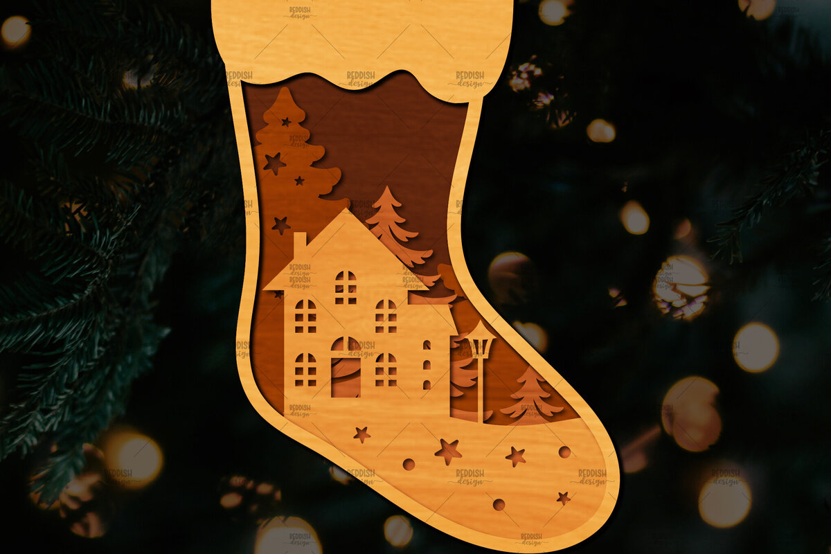 Intra απο ξύλο plywood 3mm-4mm πάχος Χριστουγεννιάτικη κάλτσα 3D σχέδιο κοπής με λέιζερ Δίασταση 15x15 cm INTRAFABR-109164090