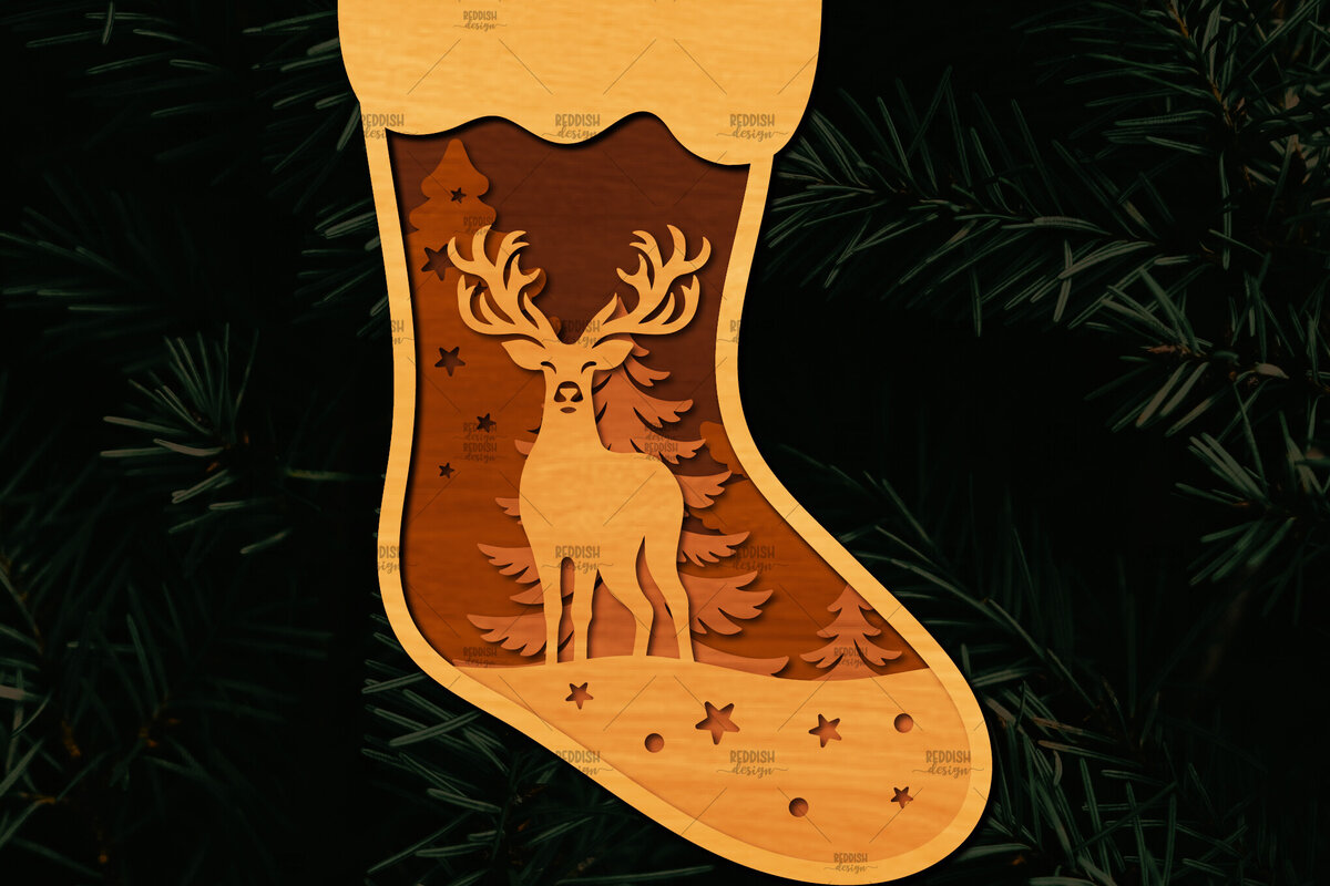 Σετ των 2 Intra απο ξύλο plywood 3mm-4mm πάχος Χριστουγεννιάτικη κάλτσα 3D σχέδιο κοπής με λέιζερ Δίασταση 15x15 cm INTRAFABR-109164127