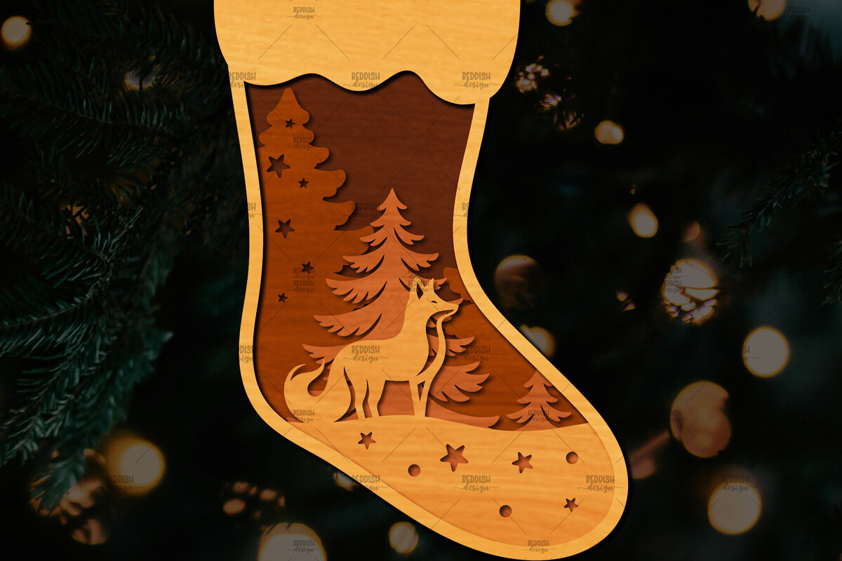 Σετ των 2 Intra απο ξύλο plywood 3mm-4mm πάχος Χριστουγεννιάτικη κάλτσα 3D σχέδιο κοπής με λέιζερ Δίασταση 15x15 cm INTRAFABR-109164158