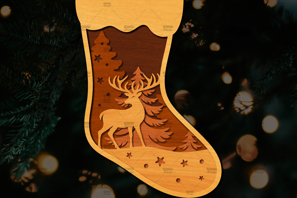 Σετ των 2 Intra απο ξύλο plywood 3mm-4mm πάχος Χριστουγεννιάτικη κάλτσα 3D σχέδιο κοπής με λέιζερ Δίασταση 15x15 cm INTRAFABR-109163921