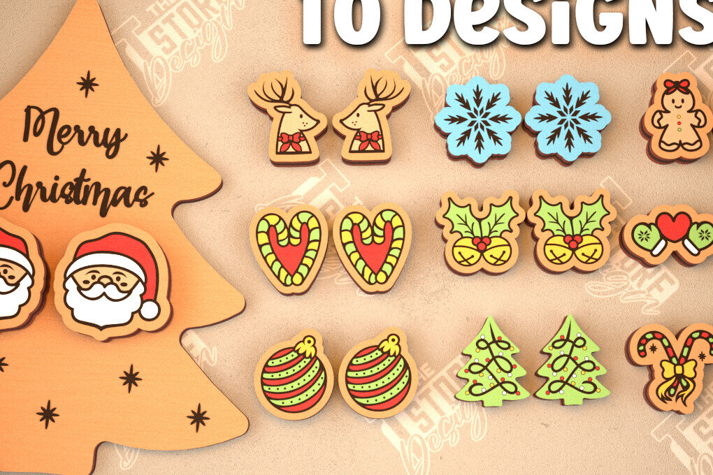 Σετ των 3 Intra απο ξύλο plywood 3mm-4mm πάχος με χριστουγεννιάτικα σκουλαρίκια | Κοσμήματα Δίασταση 3x3 cm INTRAFABR-105341584