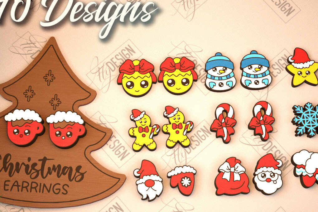 Σετ των 3 Intra απο ξύλο plywood 3mm-4mm πάχος με χριστουγεννιάτικα σκουλαρίκια | Κοσμήματα Δίασταση 3x3 cm INTRAFABR-105339957