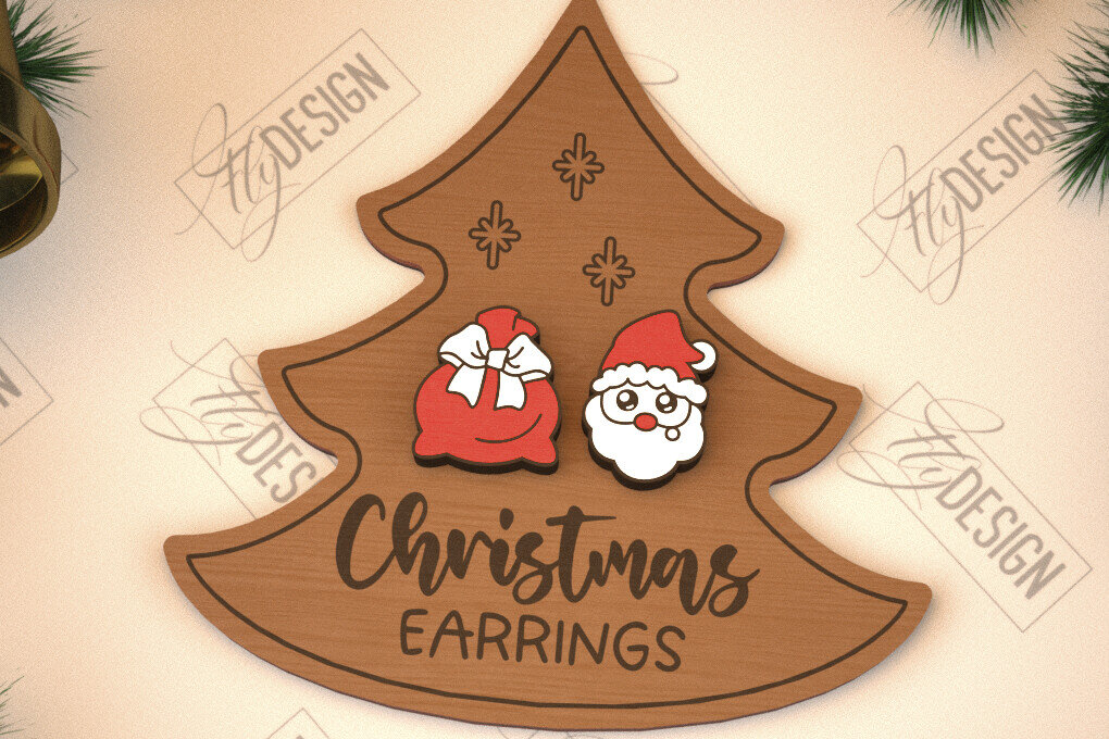 Σετ των 3 Intra απο ξύλο plywood 3mm-4mm πάχος Χριστουγεννιάτικα καρφωτά σκουλαρίκια | Σχεδιασμός κοσμημάτων Δίασταση 3x3 cm INTRAFABR-105339744