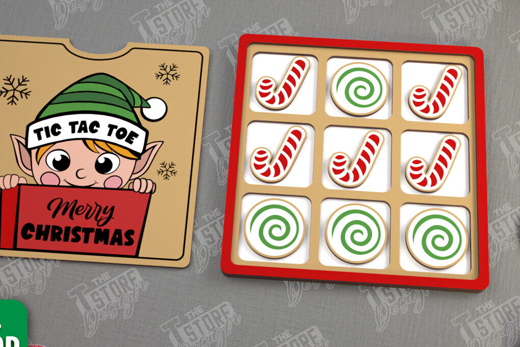 Σετ των 2 Intra απο ξύλο plywood 3mm-4mm πάχος - Χριστουγεννιάτικο Tic Tac Toe | Επιτραπέζιο παιχνίδι | CNC Δίασταση 15x15 cm INTRAFABR-107953623