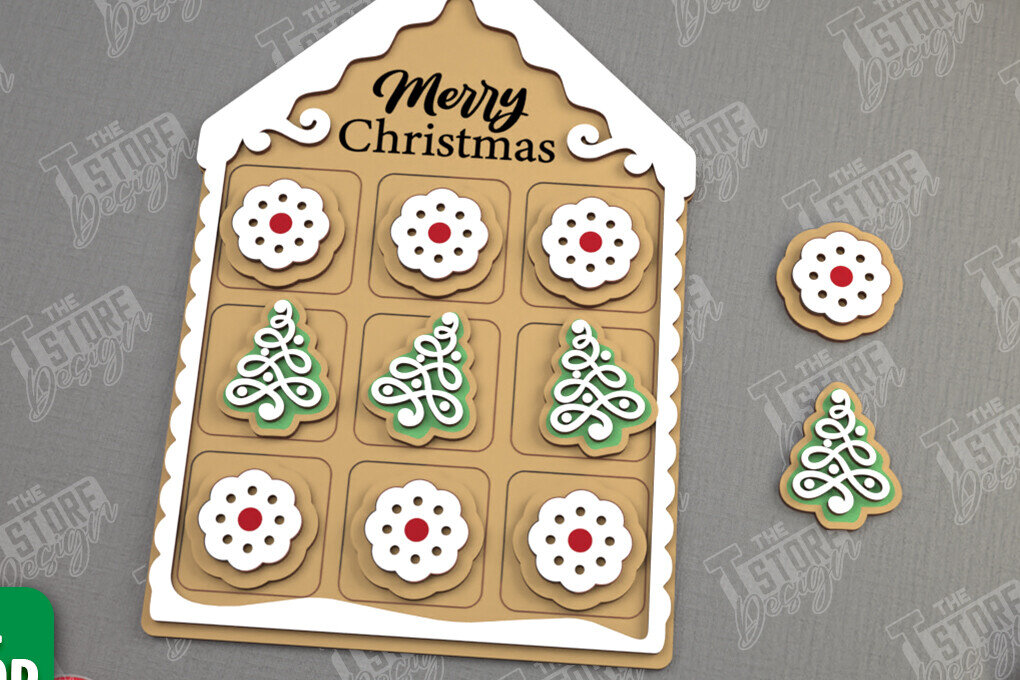 Σετ των 2 Intra απο ξύλο plywood 3mm-4mm πάχος - Χριστουγεννιάτικο Tic Tac Toe | Επιτραπέζιο παιχνίδι | CNC Δίασταση 15x15 cm INTRAFABR-107953637