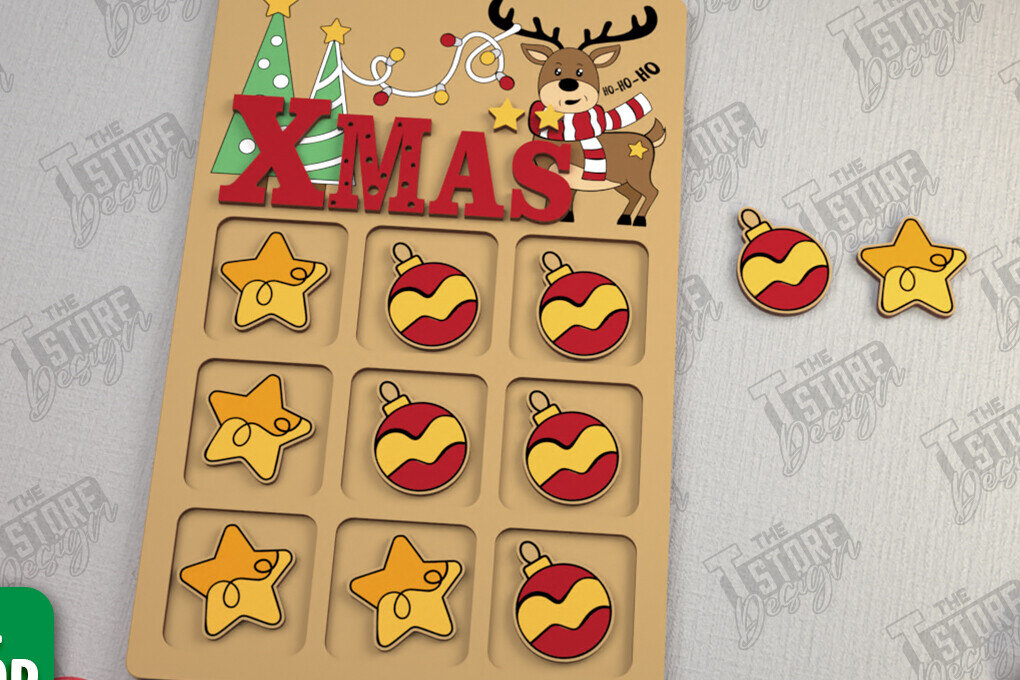 Σετ των 2 Intra απο ξύλο plywood 3mm-4mm πάχος - Χριστουγεννιάτικο Tic Tac Toe | Επιτραπέζιο παιχνίδι | CNC Δίασταση 15x15 cm INTRAFABR-107953654