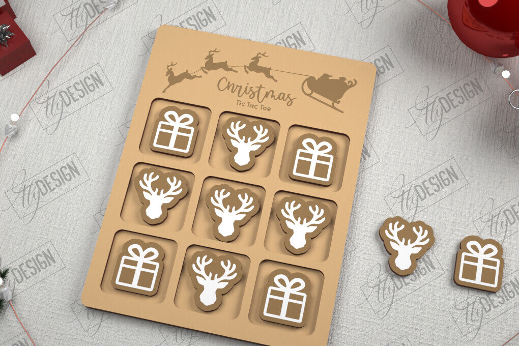 Σετ των 2 Intra απο ξύλο plywood 3mm-4mm πάχος - Χριστουγεννιάτικο Tic Tac Toe | Επιτραπέζιο παιχνίδι | CNC Δίασταση 15x15 cm INTRAFABR-107193388