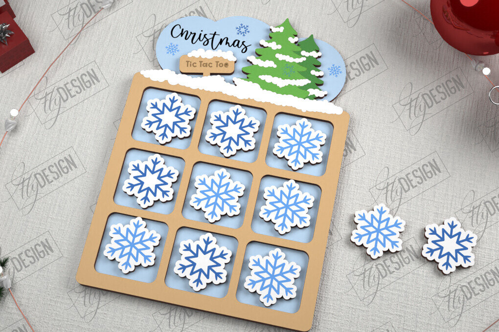 Σετ των 2 Intra απο ξύλο plywood 3mm-4mm πάχος - Χριστουγεννιάτικο Tic Tac Toe | Επιτραπέζιο παιχνίδι | CNC Δίασταση 15x15 cm INTRAFABR-107193439