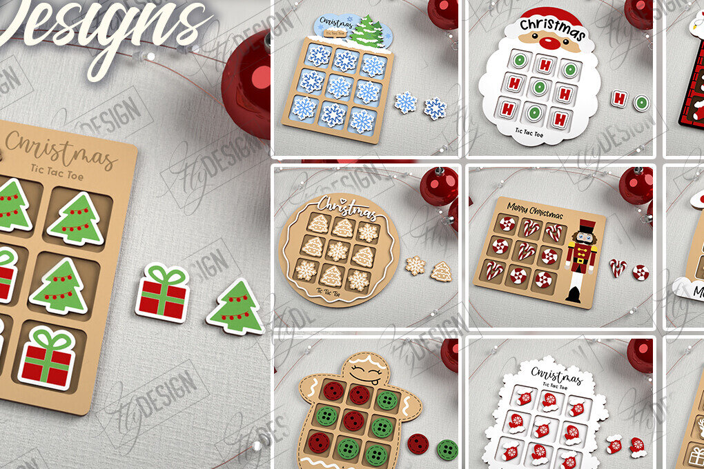 Σετ των 2 Intra απο ξύλο plywood 3mm-4mm πάχος - Χριστουγεννιάτικο Tic Tac Toe Bundle |  CNC Δίασταση 15x15 cm INTRAFABR-107193837