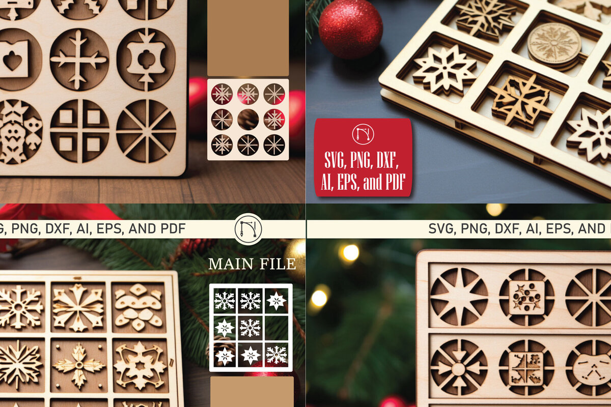 Σετ των 3 Intra απο ξύλο plywood 3mm-4mm πάχος - Χριστουγεννιάτικο Πακέτο παιχνιδιών Tic Tac Toe  Δίασταση 4x4 cm INTRAFABR-82302600