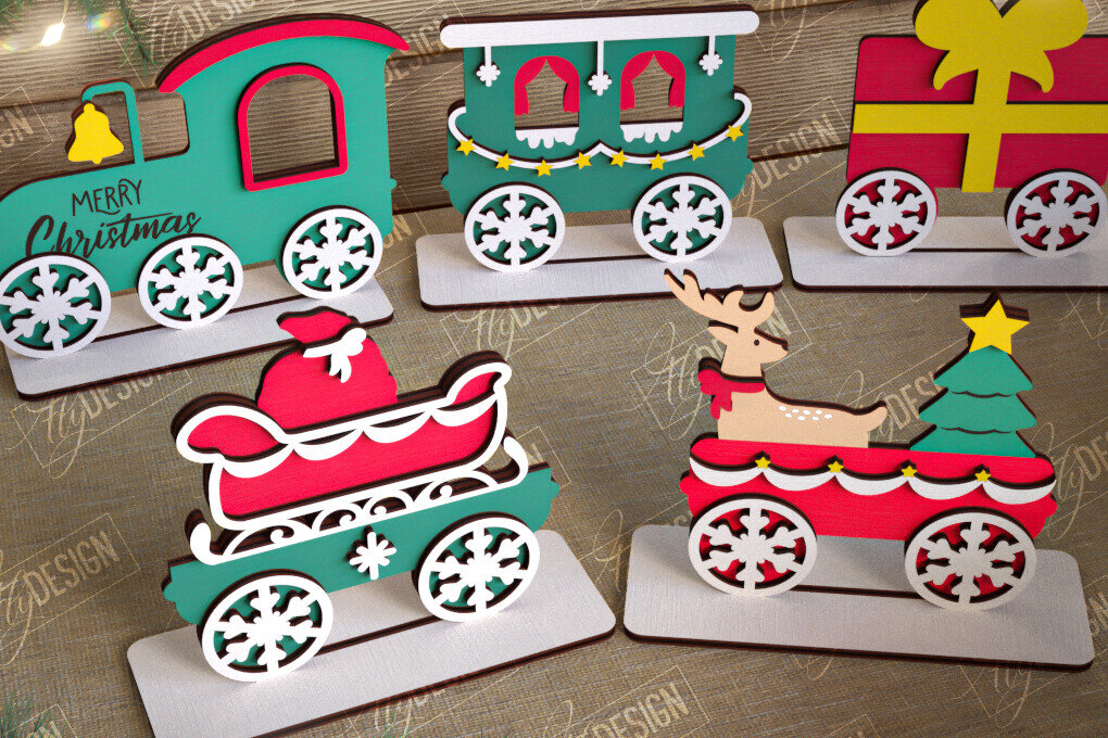 Σετ των 2 Intra απο ξύλο plywood 3mm-4mm πάχος - Χριστουγεννιάτικο Τρένο | Διακοπές | Το τρένο του Άη Βασίλη Δίασταση 15x15 cm INTRAFABR-108901853