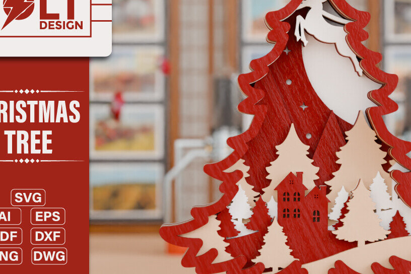 Σετ των 2 Intra απο ξύλο plywood 3mm-4mm πάχος - Χριστουγεννιάτικο δέντρο 3D  Πολυστρωματική κοπή Δίασταση 20x25 cm INTRAFABR-108791544